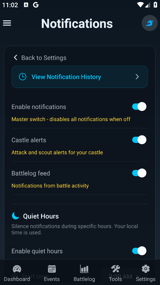 Notifications settings